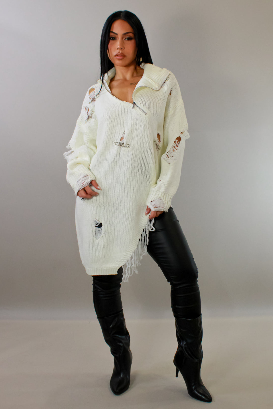 "Controlled Chaos" White Distressed Sweater - Ripped Detail Fringe