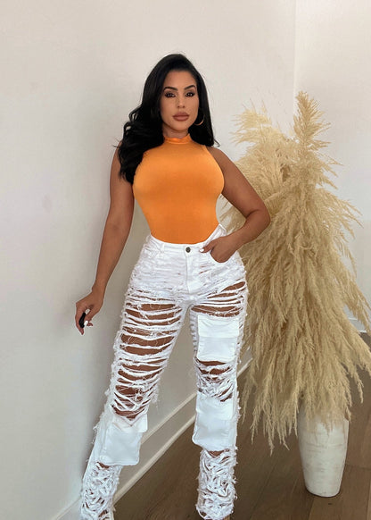 White Distressed High-Waist Jeans – Premium Ripped Denim for Women