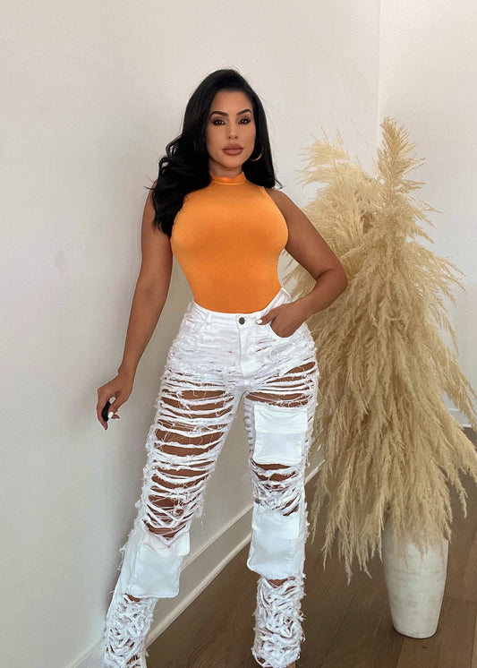 White Distressed High-Waist Jeans – Premium Ripped Denim for Women