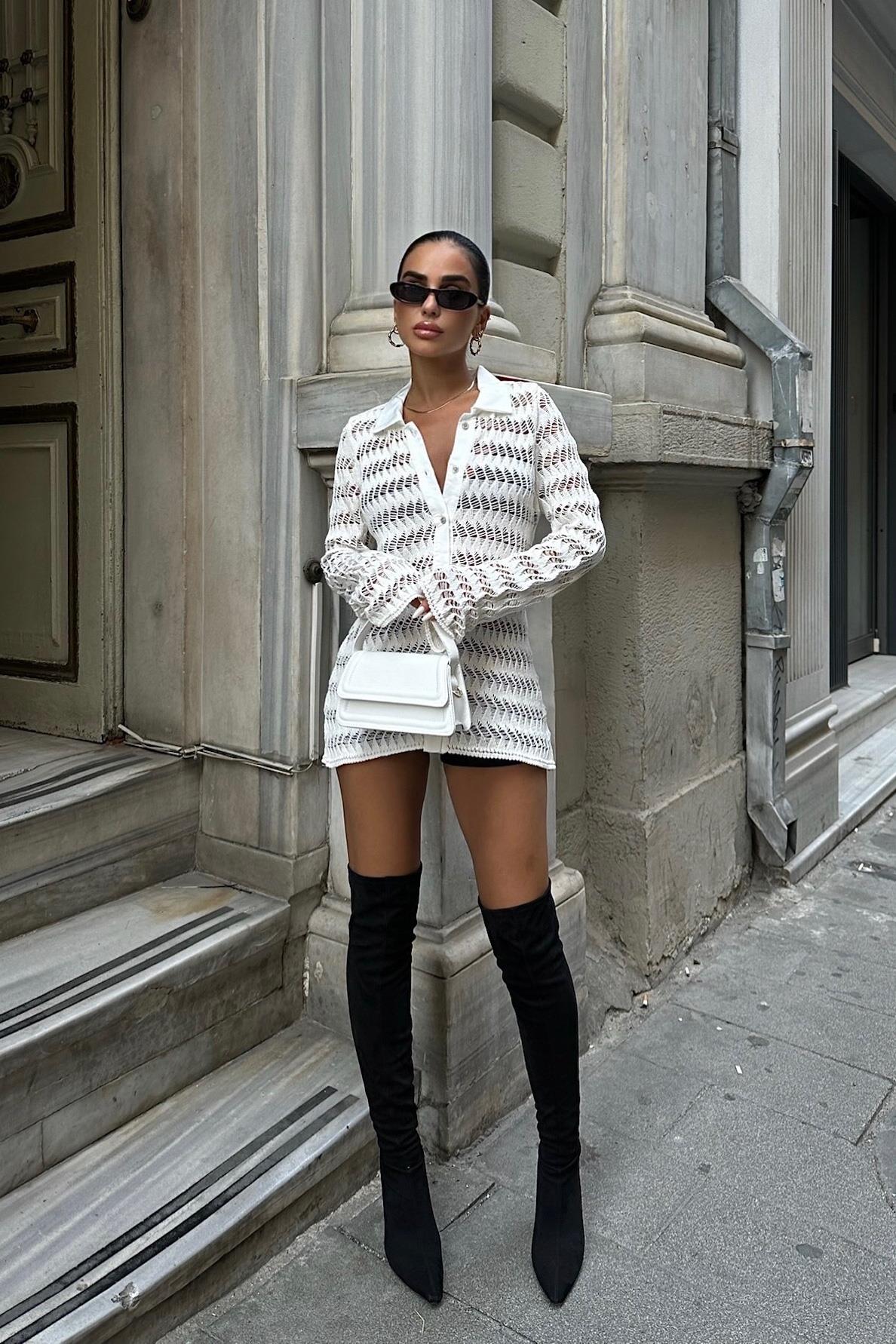 Openwork Polo Collar Knit Cardigan – Elegant Button-Up Cotton Blend Top for Daily Chic Style – White