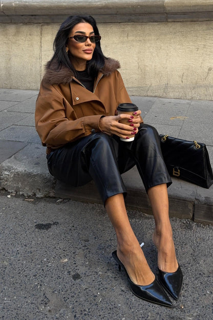 Faux Fur Collar Parka Bomber Jacket – Street-Chic Everyday Outerwear – Beige