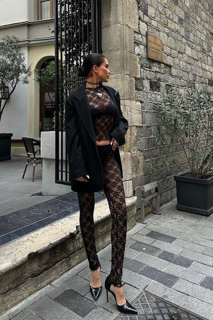 Lace Crop Top & Pants Set – Elegant Sheer Two-Piece for Night Out