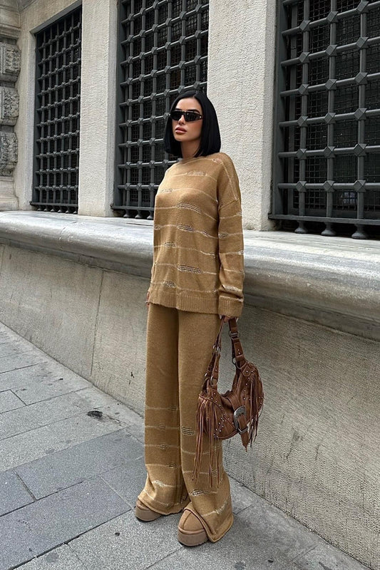 Ellery Glitter Knit Set – Shimmering Acrylic Sweater and Pants Two-Piece Outfit – Brown