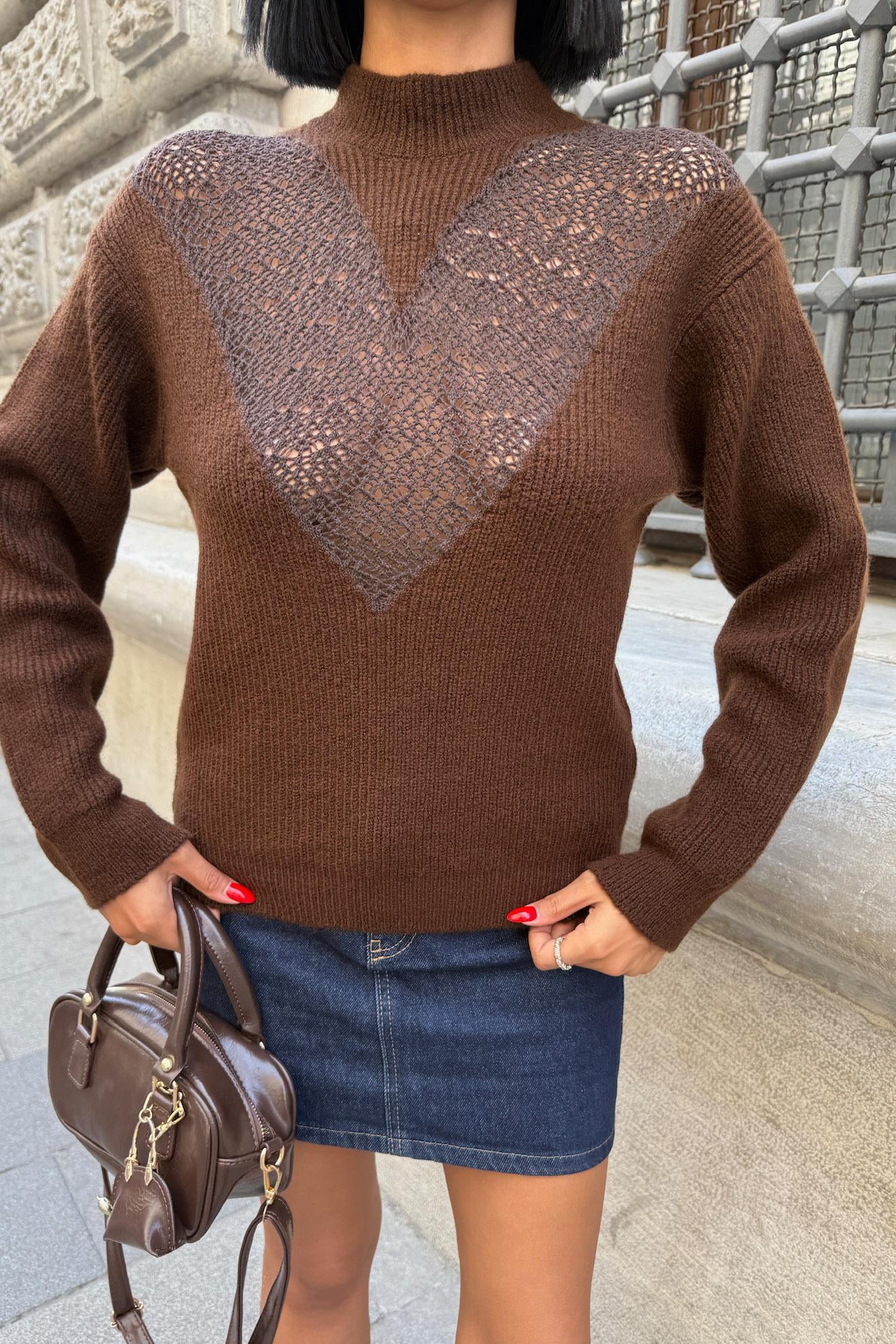 ✨ V-Pattern Knit Sweater – Chic Mock Neck Cotton Blend Pullover – Brown