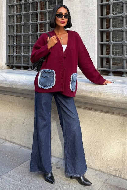 Luxury Oversized Cotton Blend Cardigan with Denim Detail - V-Neck – Maroon