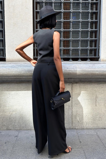 Elegant Double Fabric Vest & Pleated Wide-Leg Pants Set – Navy Blue