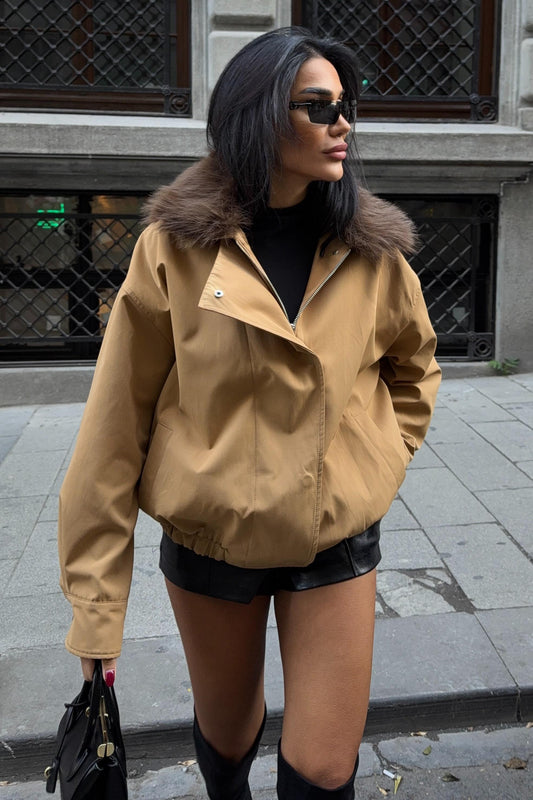 Faux Fur Collar Parka Bomber Jacket – Street-Chic Everyday Outerwear – Beige