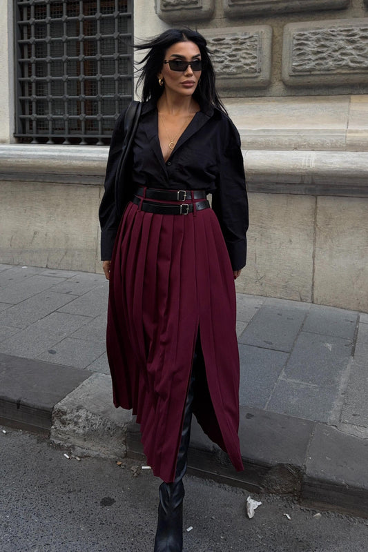 Double Belt Detailed Pleated Maxi Skirt with Front Slit – Wine Red