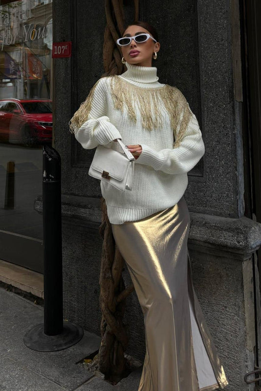 ✨ Shimmer Fringe Turtleneck Sweater – Chic Metallic Knit for Casual & Evening Looks – Cream