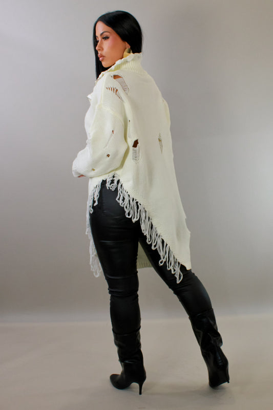 "Controlled Chaos" White Distressed Sweater - Ripped Detail Fringe