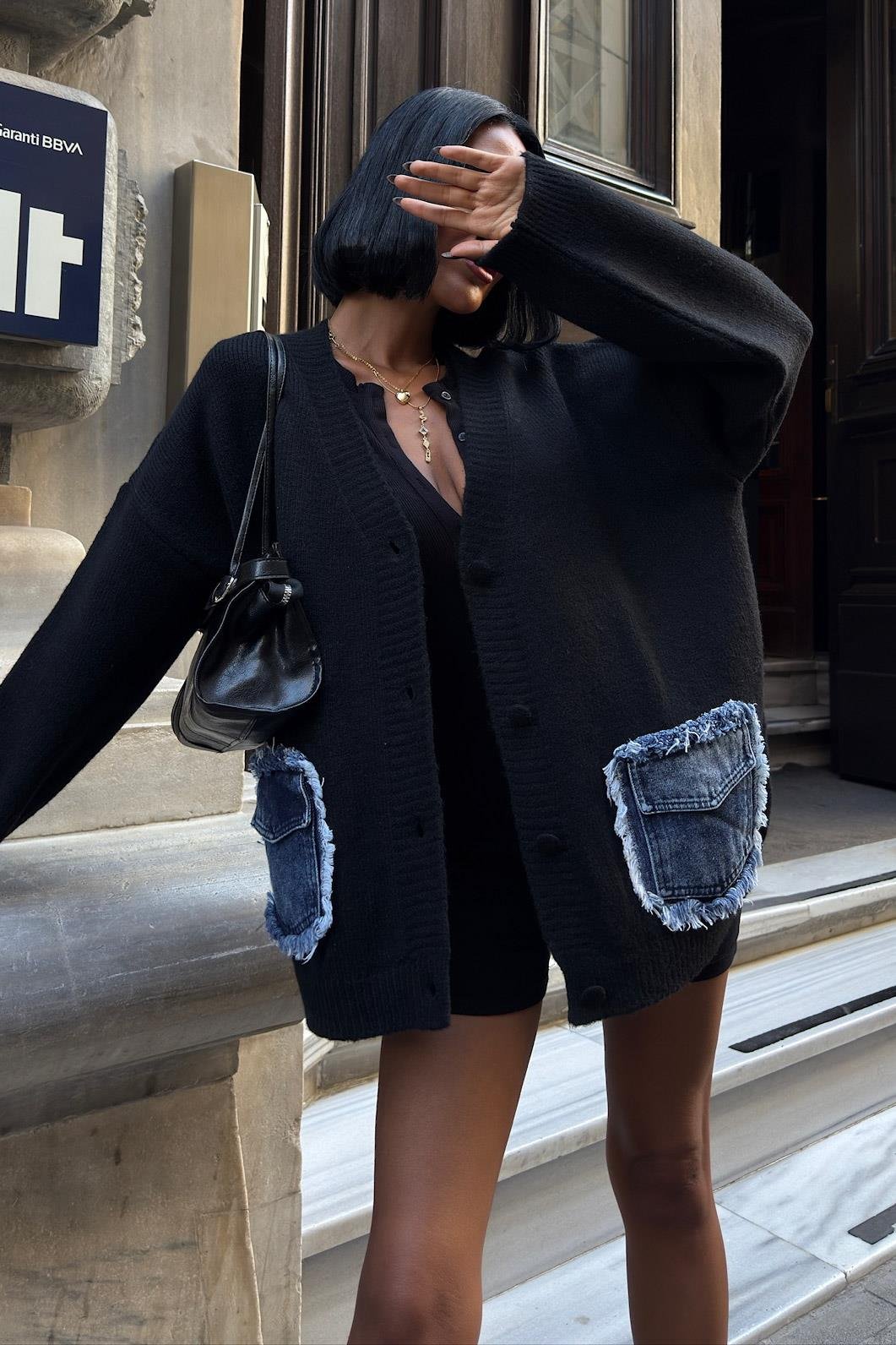 Luxury Oversized Cotton Blend Cardigan with Denim Detail - V-Neck – Maroon