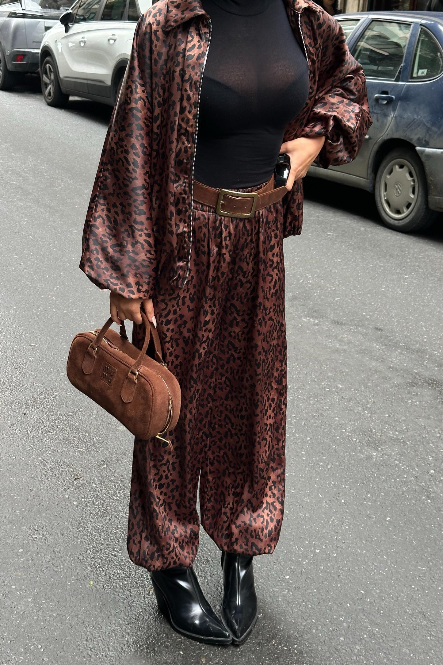 Leopard Satin Bomber Jacket & Harem Pants Premium Set