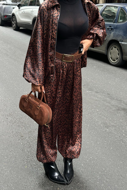 Leopard Satin Bomber Jacket & Harem Pants Premium Set