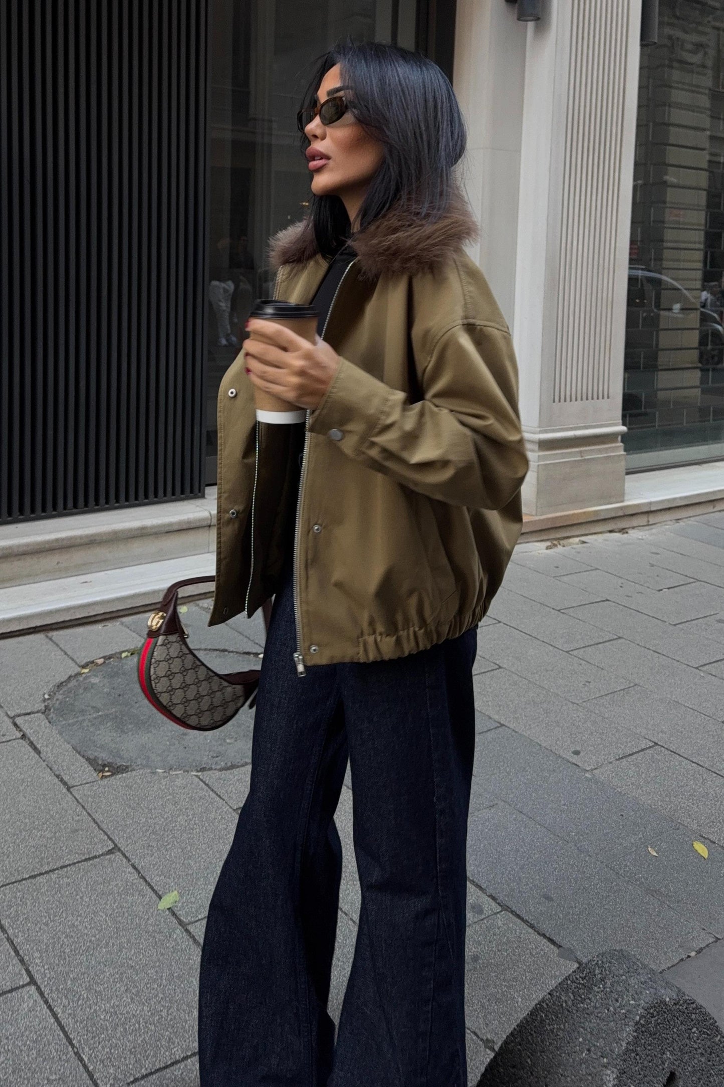 Faux Fur Collar Parka Bomber Jacket – Street-Chic Everyday Outerwear – Beige