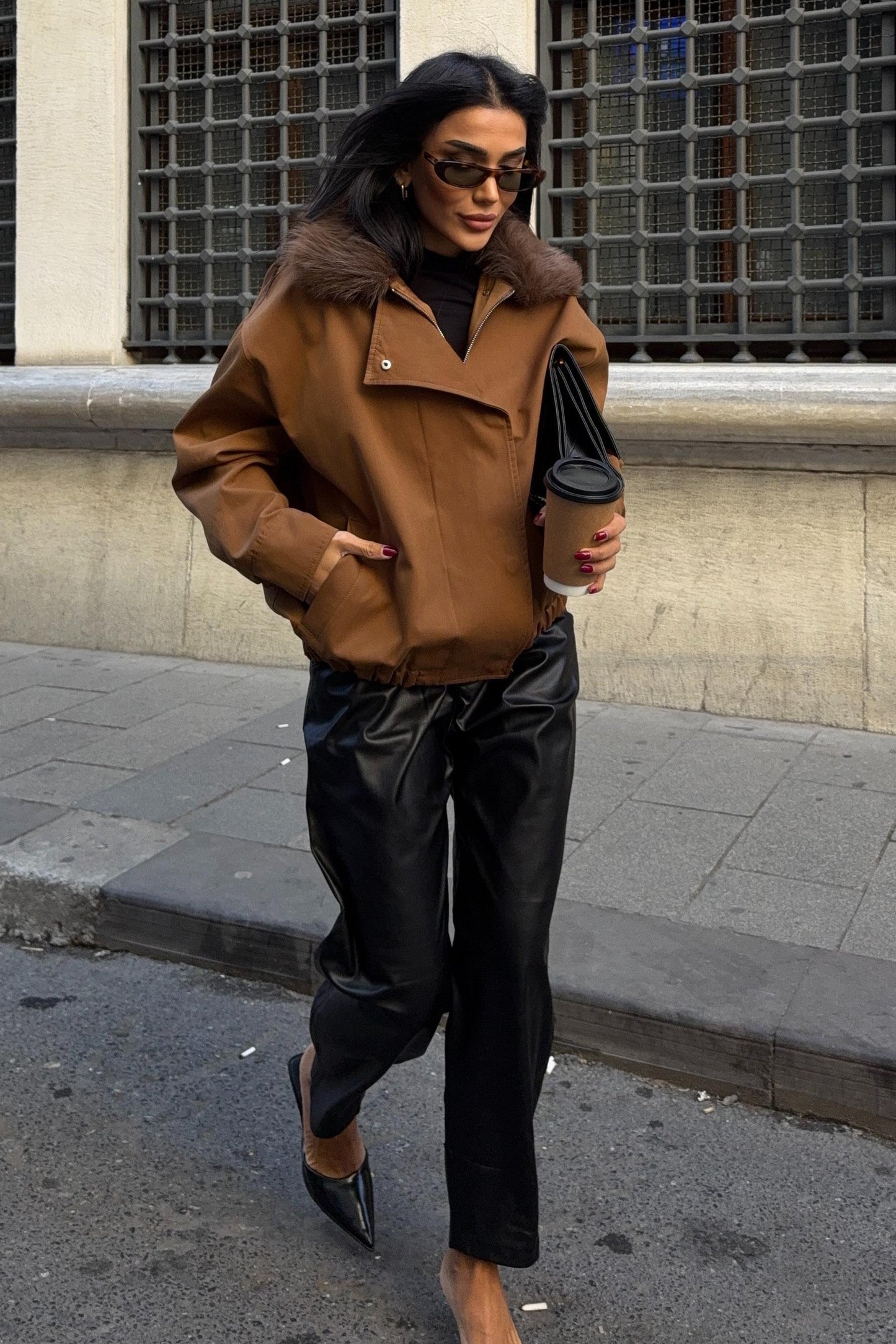 Faux Fur Collar Parka Bomber Jacket – Street-Chic Everyday Outerwear – Beige