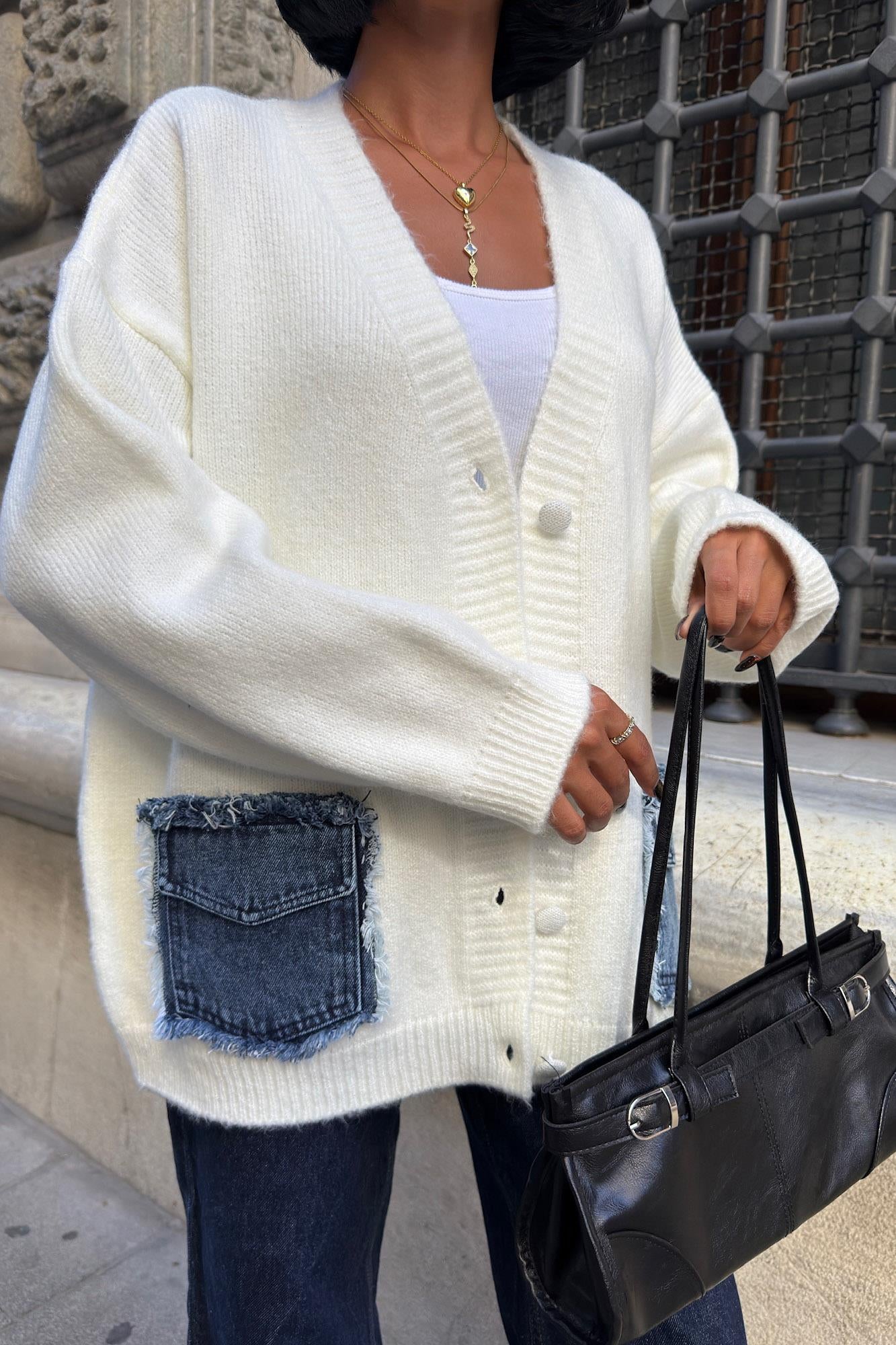 Luxury Oversized Cotton Blend Cardigan with Denim Detail - V-Neck – Maroon