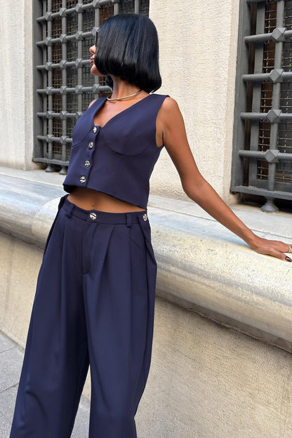 Elegant Double Fabric Vest & Pleated Wide-Leg Pants Set – Navy Blue