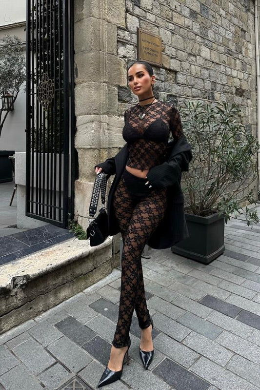 Lace Crop Top & Pants Set – Elegant Sheer Two-Piece for Night Out