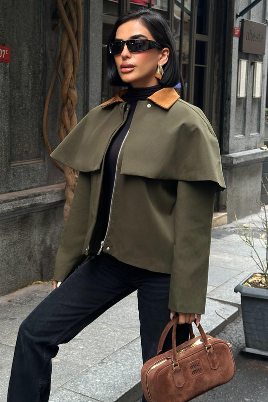 Cape-Style Trench Jacket with Velvet Collar – Short Cotton Blend Coat – Khaki