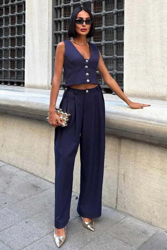 Elegant Double Fabric Vest & Pleated Wide-Leg Pants Set – Navy Blue