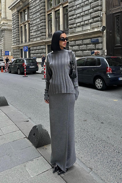 Darcy Knit Skirt & Top Set – Elegant Ribbed Two-Piece with Slit Detail – Gray