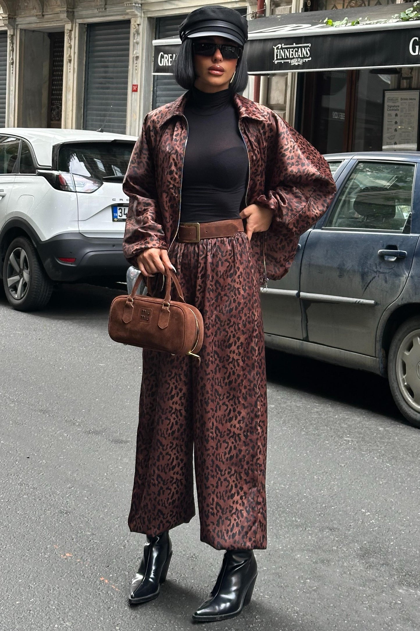 Leopard Satin Bomber Jacket & Harem Pants Premium Set