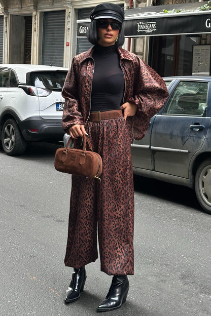Leopard Satin Bomber Jacket & Harem Pants Premium Set