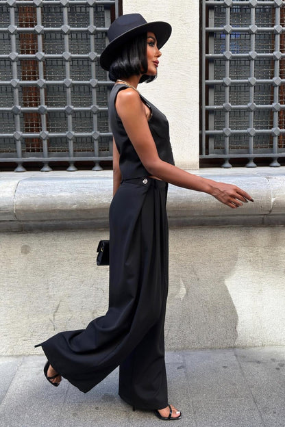 Elegant Double Fabric Vest & Pleated Wide-Leg Pants Set – Navy Blue