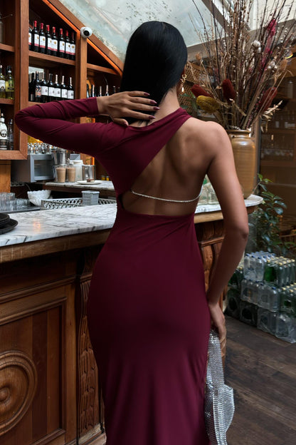 One-Shoulder Chain Backless Candy Fabric Maxi Dress – Elegant Evening Style